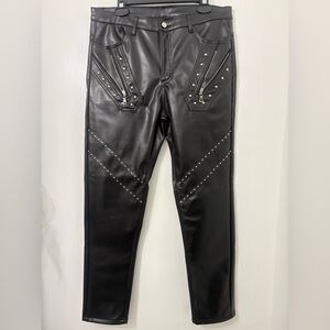 Black Faux Leather Pants With Metal stud And Zipper Details - Size 34 Unbranded